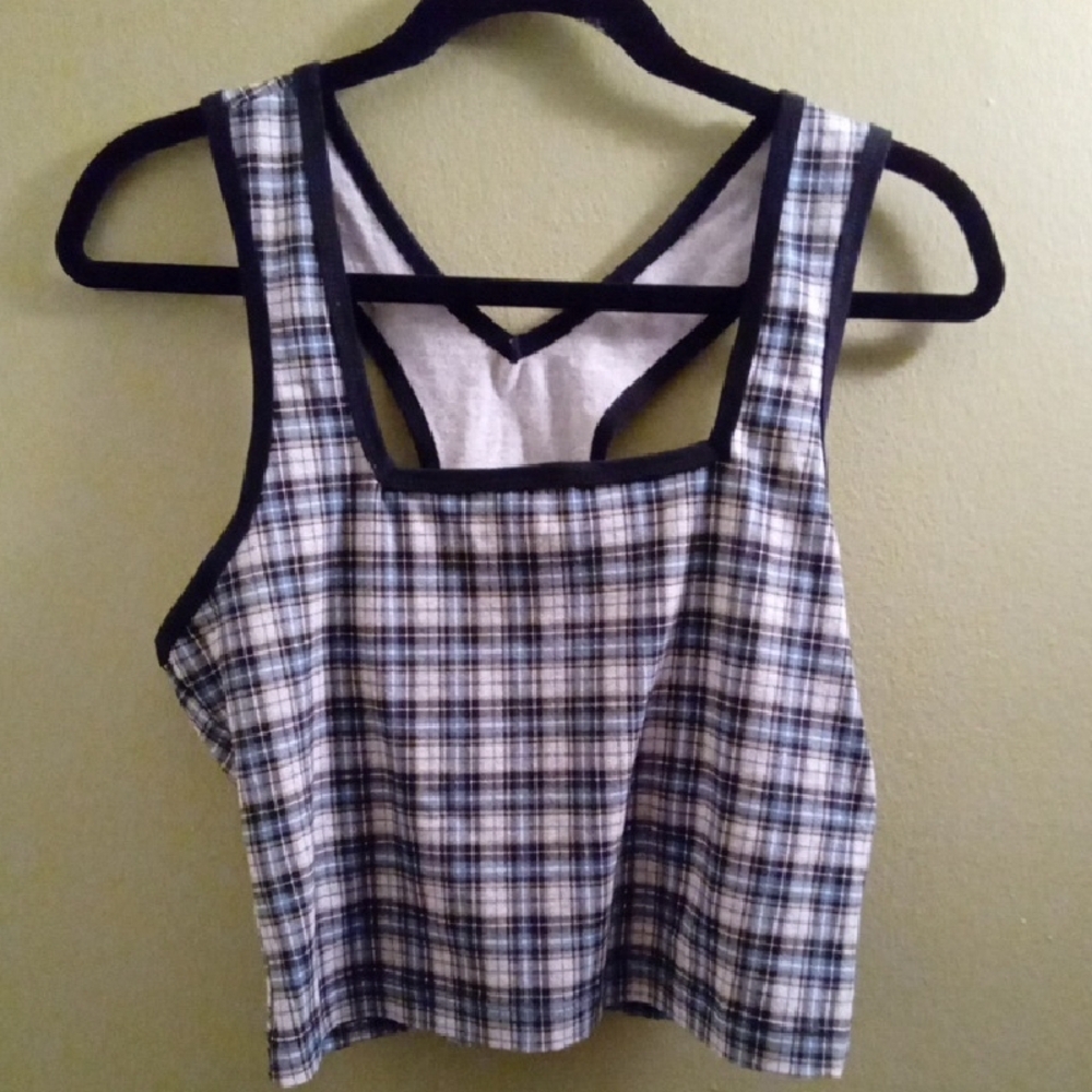 Womans Vintage L Kmart Kathy Ireland Y2k  Blue Plaid Top Black Accents Stretchy